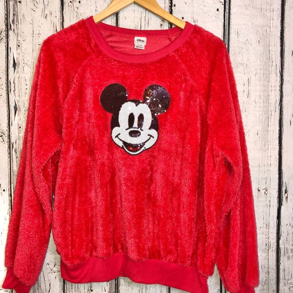 Disney long sleeve fuzzy pullover top sequence Mickey size Juniors Large Festive